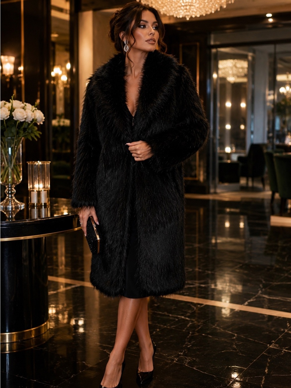 Black fashionable faux fur winter warm teddy coat size L